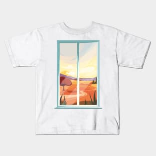 Nostalgic view through fall landscape window Kids T-Shirt